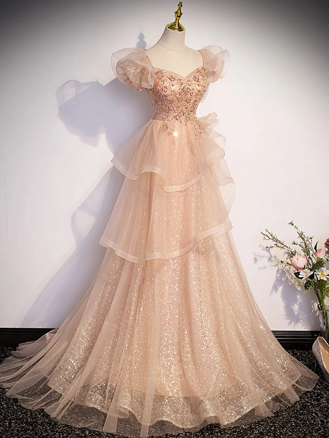 Champagne A-Line Tulle Beading Long Prom Dress, Champagne Formal Dresses
