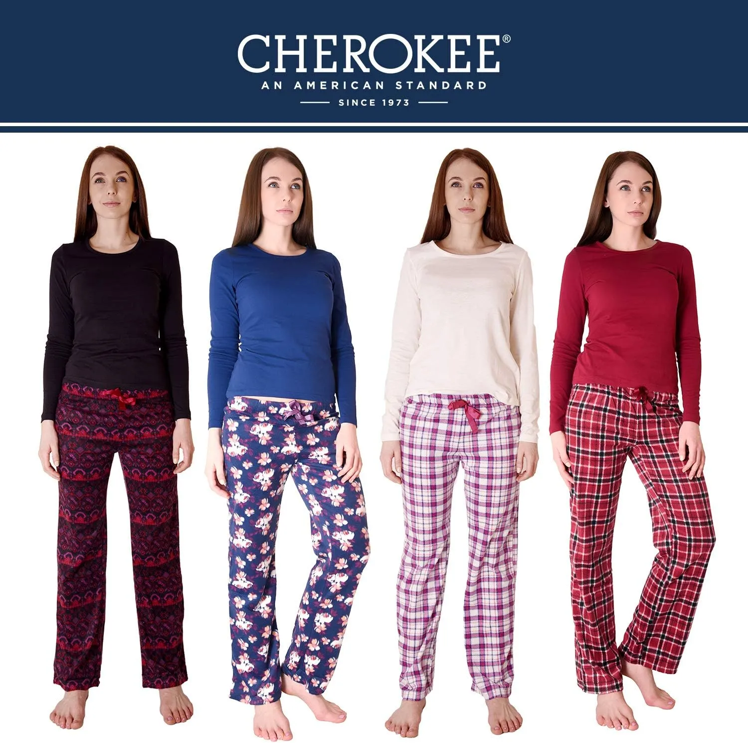 Cherokee Women's Set, Long Sleeve Cotton Top & Micro Fleece Pants, Soft & Cozy Loungewear