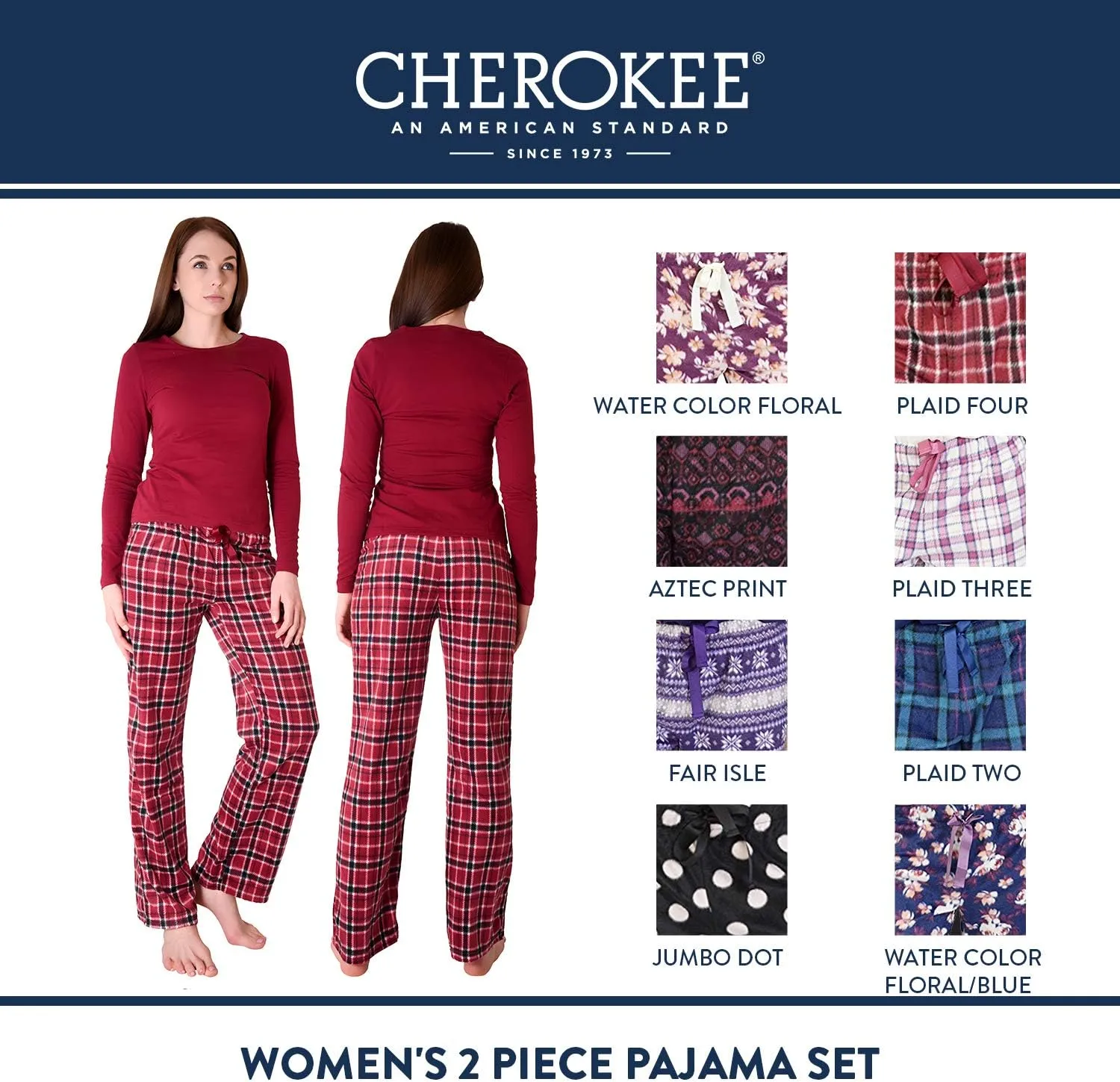 Cherokee Women's Set, Long Sleeve Cotton Top & Micro Fleece Pants, Soft & Cozy Loungewear