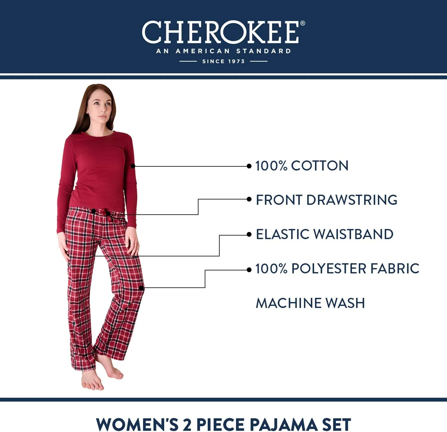 Cherokee Women's Set, Long Sleeve Cotton Top & Micro Fleece Pants, Soft & Cozy Loungewear