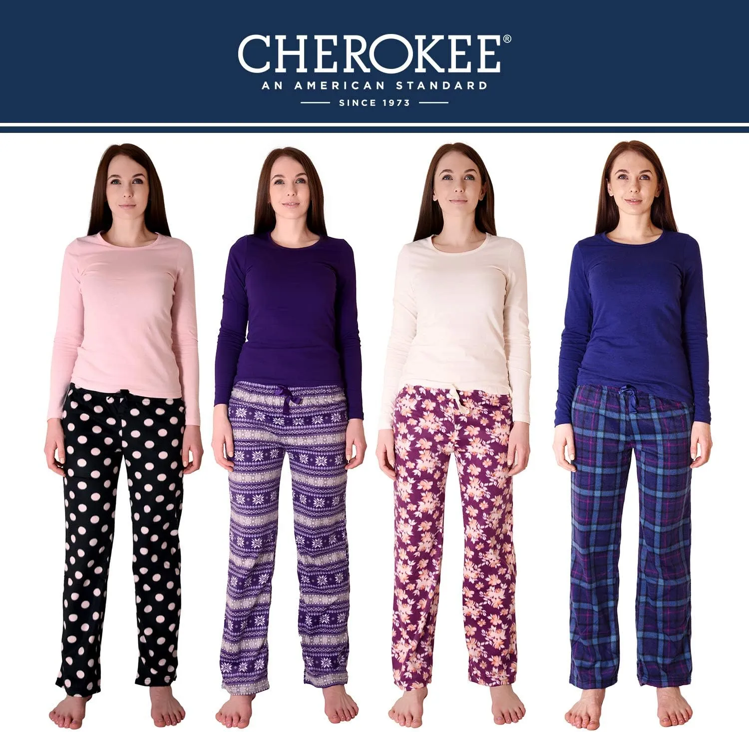 Cherokee Women's Set, Long Sleeve Cotton Top & Micro Fleece Pants, Soft & Cozy Loungewear