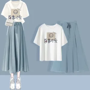 Chic Printed T-Shirt Chiffon Lace Up Wide Leg Pants Set