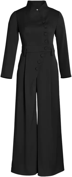 CHIC STAR Womens Acetate Jumpsuit, High Collar, Asymmetrical Button Closure, Fitted Waist, Wide-leg Pants, Long Sleeves