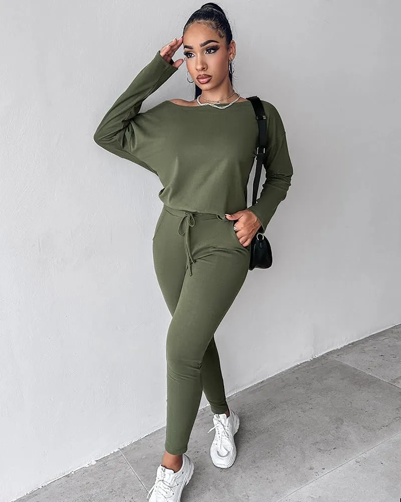 CHICME BEST SHOPPING DEALS Chic Me Women Long Sleeve Crewneck Pullover Tops and Pants Set Tracksuit Fall Outfit
