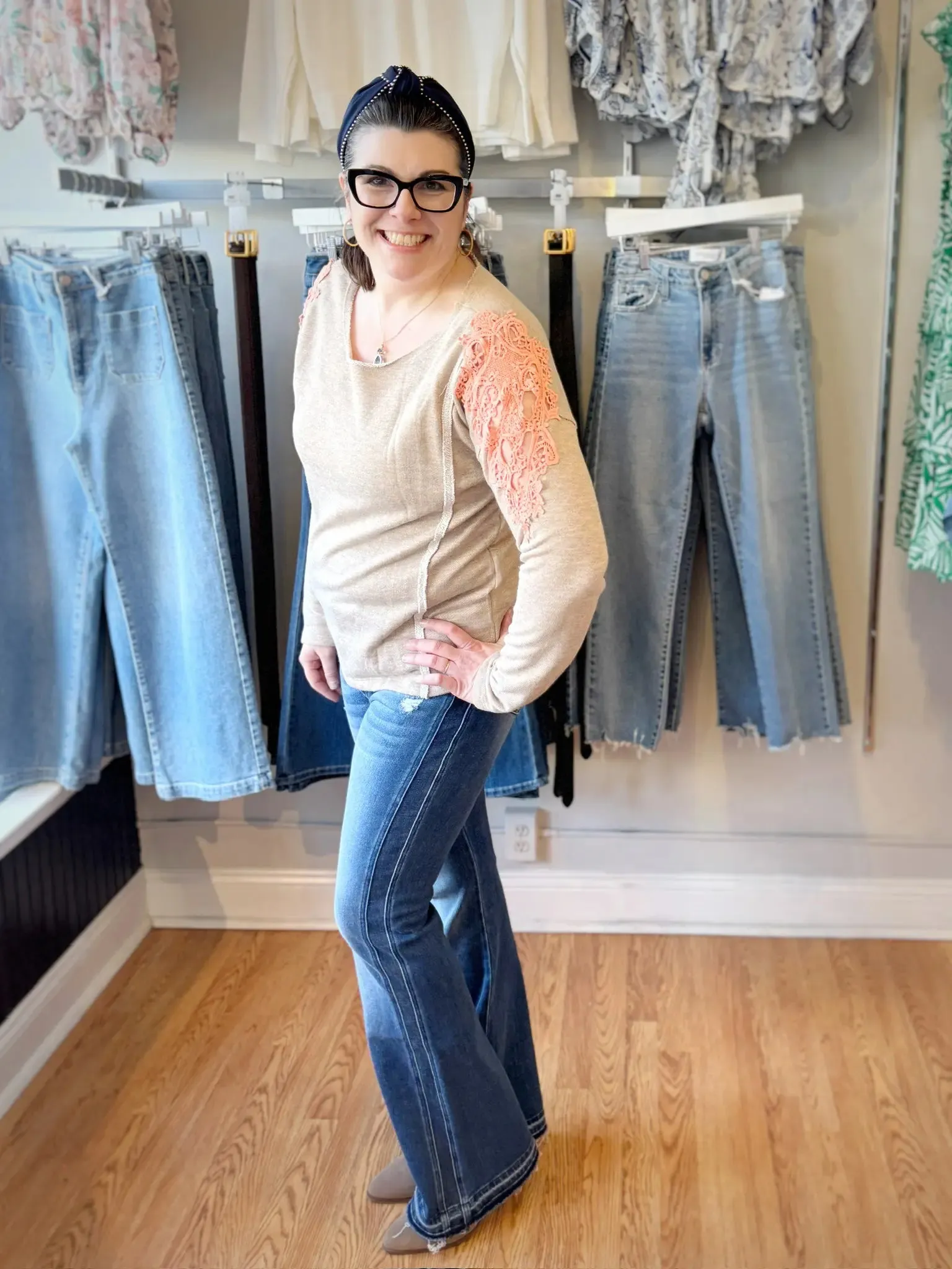 Contrasting Lace Shoulder Pullover Sweater Taupe Coral