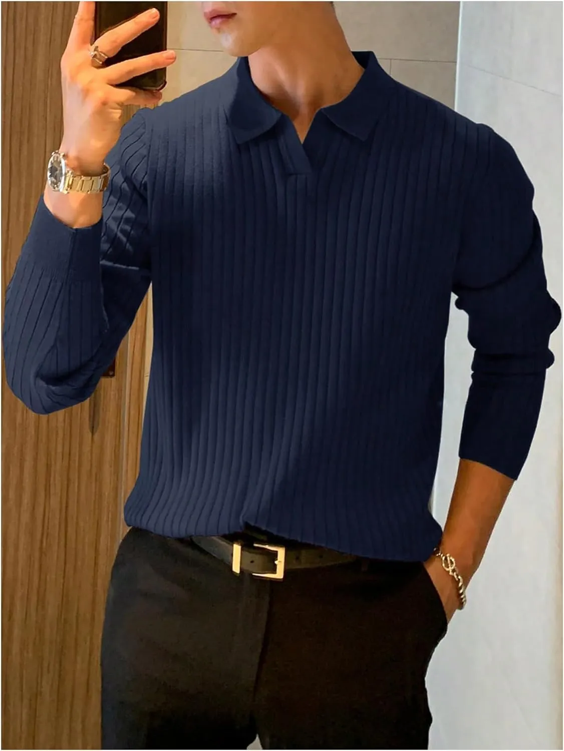 COZYEASE Men's Solid Ribbed Knit Sweater Casual Long Sleeve Shirt Pullover Tops