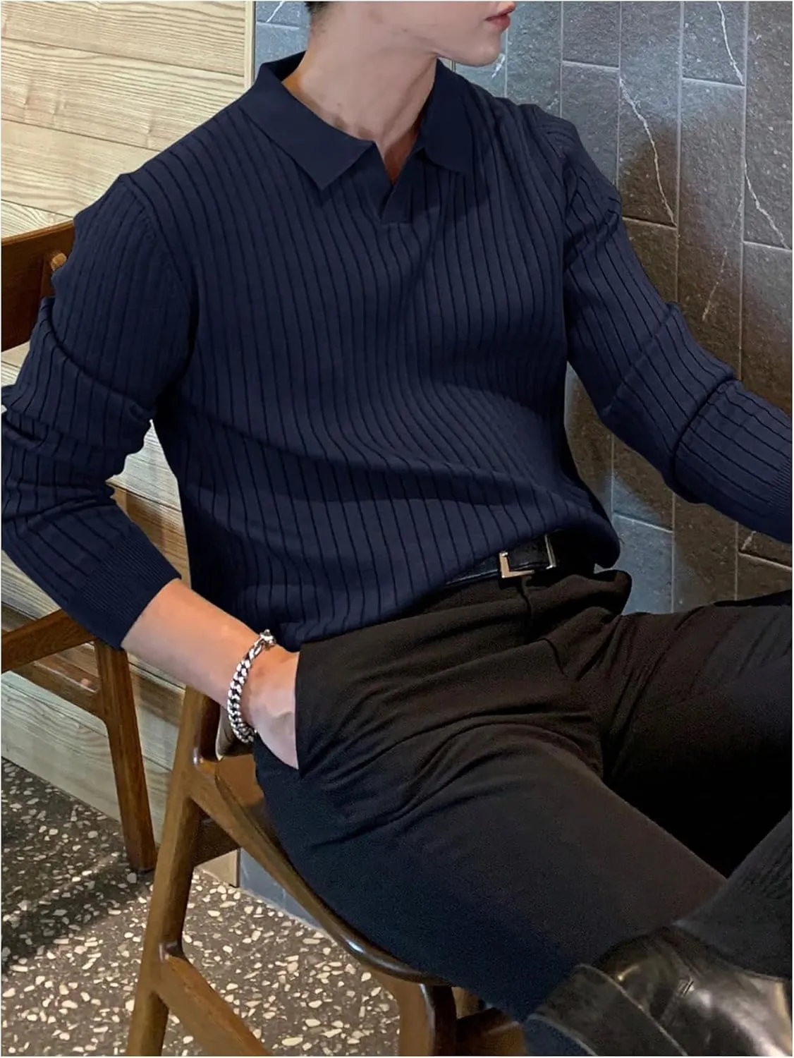 COZYEASE Men's Solid Ribbed Knit Sweater Casual Long Sleeve Shirt Pullover Tops