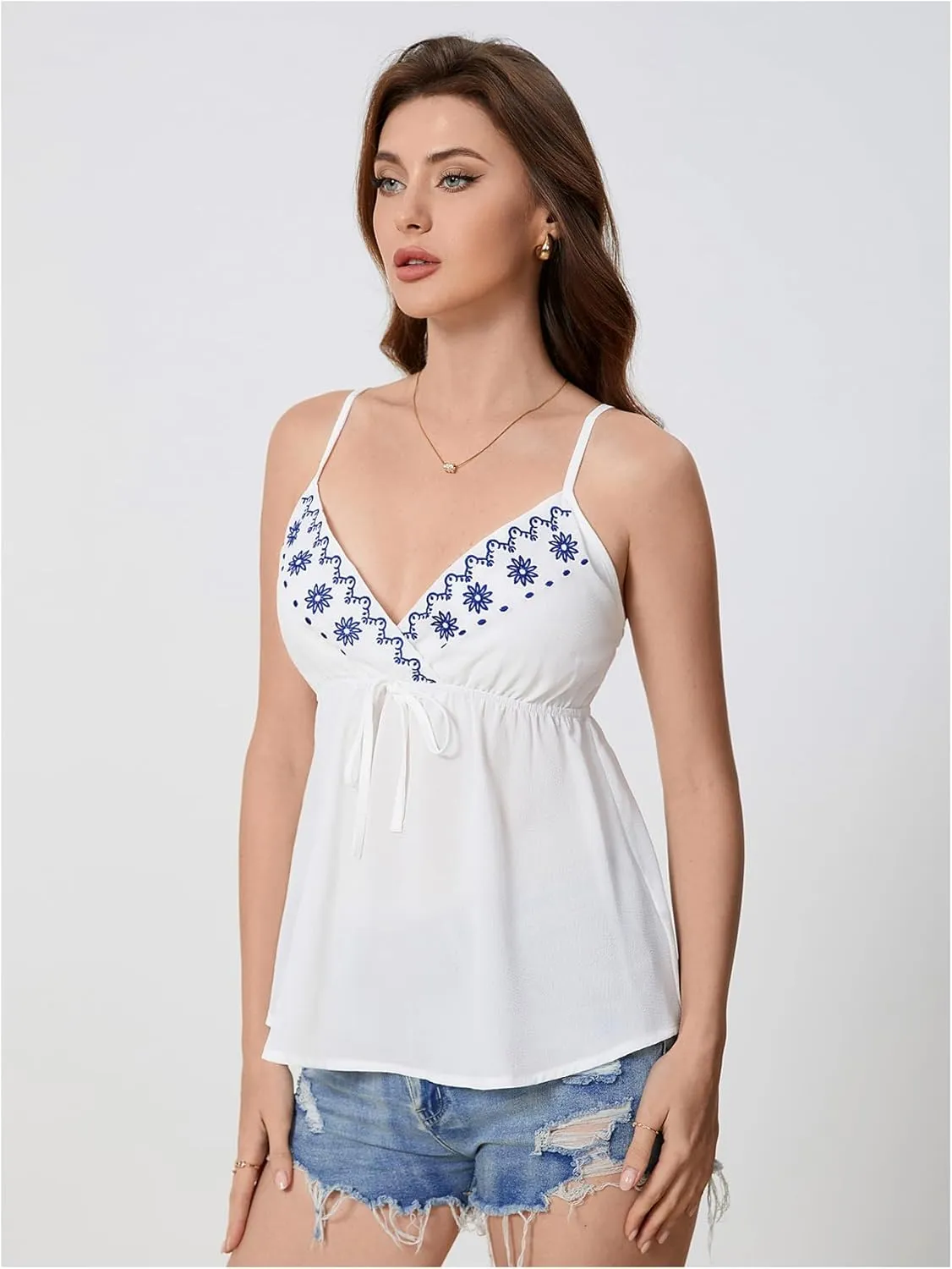 COZYEASE Women's Floral Embroidery Knot Front Cami Tops Peplum Sleeveless V Neck Tank Top