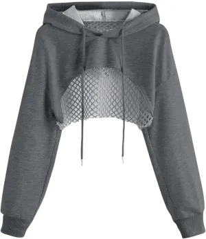 COZYEASE Women's Sports Cropped Sweatshirt Hollow Out Crop Tops Drop Shoulder Drawstring Pullover Cropped Hoodie