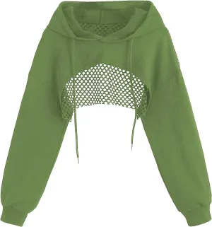 COZYEASE Women's Sports Cropped Sweatshirt Hollow Out Crop Tops Drop Shoulder Drawstring Pullover Cropped Hoodie