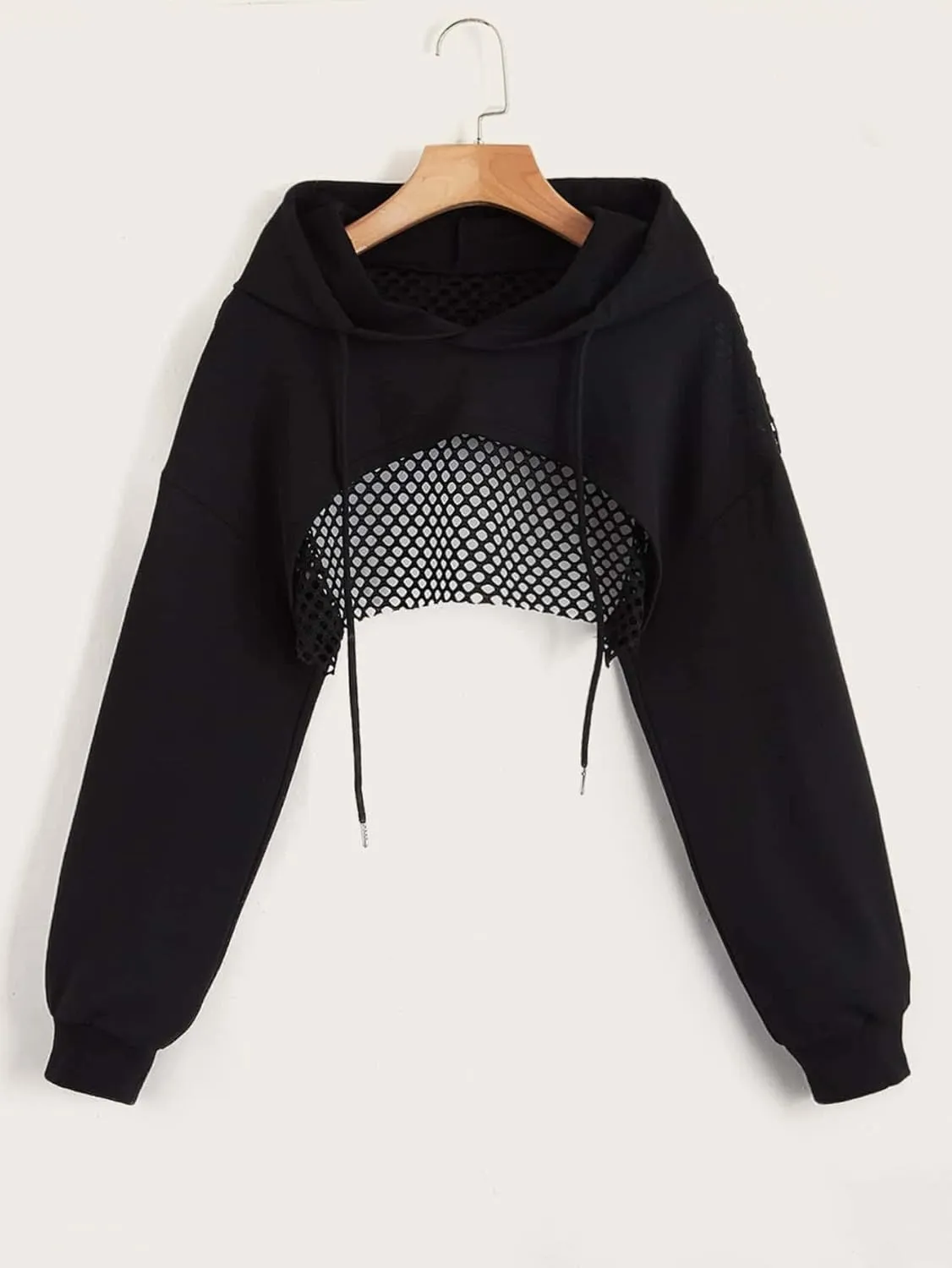 COZYEASE Women's Sports Cropped Sweatshirt Hollow Out Crop Tops Drop Shoulder Drawstring Pullover Cropped Hoodie