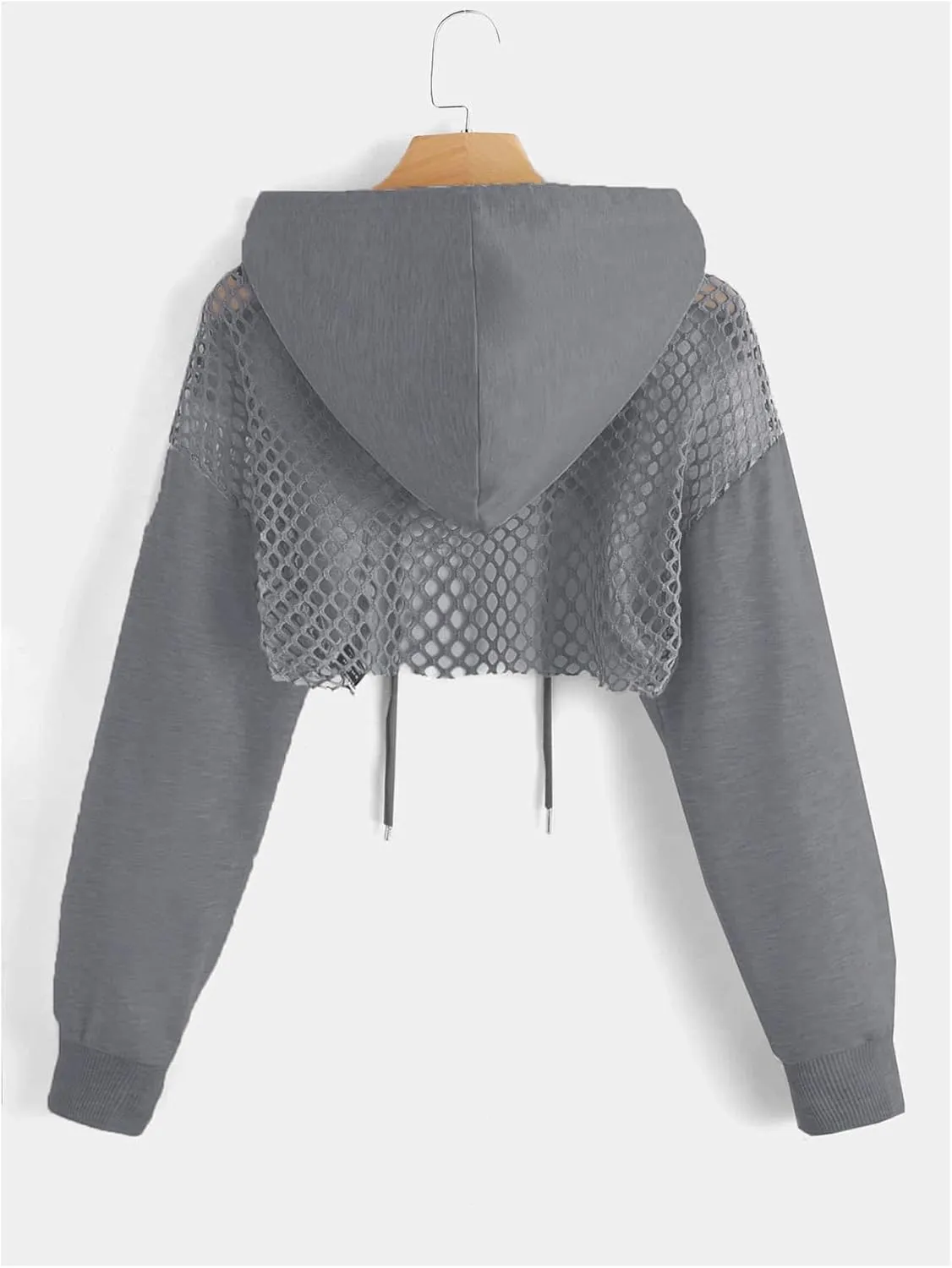 COZYEASE Women's Sports Cropped Sweatshirt Hollow Out Crop Tops Drop Shoulder Drawstring Pullover Cropped Hoodie