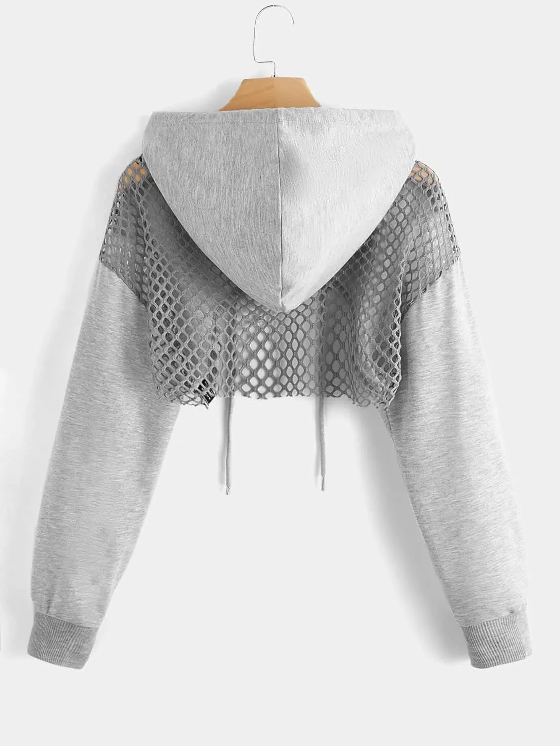 COZYEASE Women's Sports Cropped Sweatshirt Hollow Out Crop Tops Drop Shoulder Drawstring Pullover Cropped Hoodie