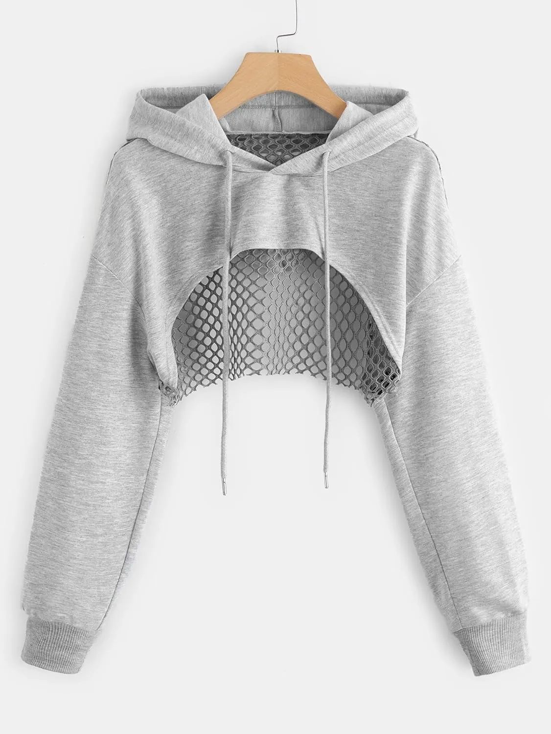 COZYEASE Women's Sports Cropped Sweatshirt Hollow Out Crop Tops Drop Shoulder Drawstring Pullover Cropped Hoodie