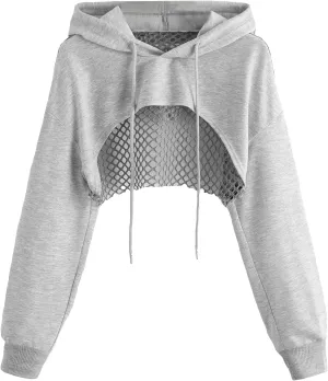 COZYEASE Women's Sports Cropped Sweatshirt Hollow Out Crop Tops Drop Shoulder Drawstring Pullover Cropped Hoodie