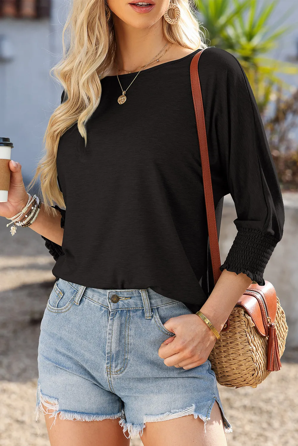 Crew Neck Ruffled Three-Quarter Sleeve Top