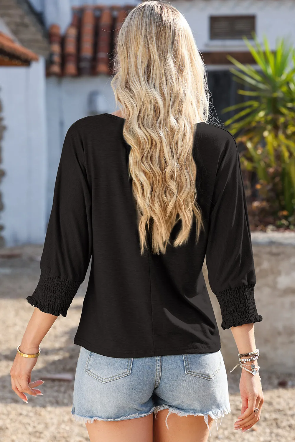 Crew Neck Ruffled Three-Quarter Sleeve Top