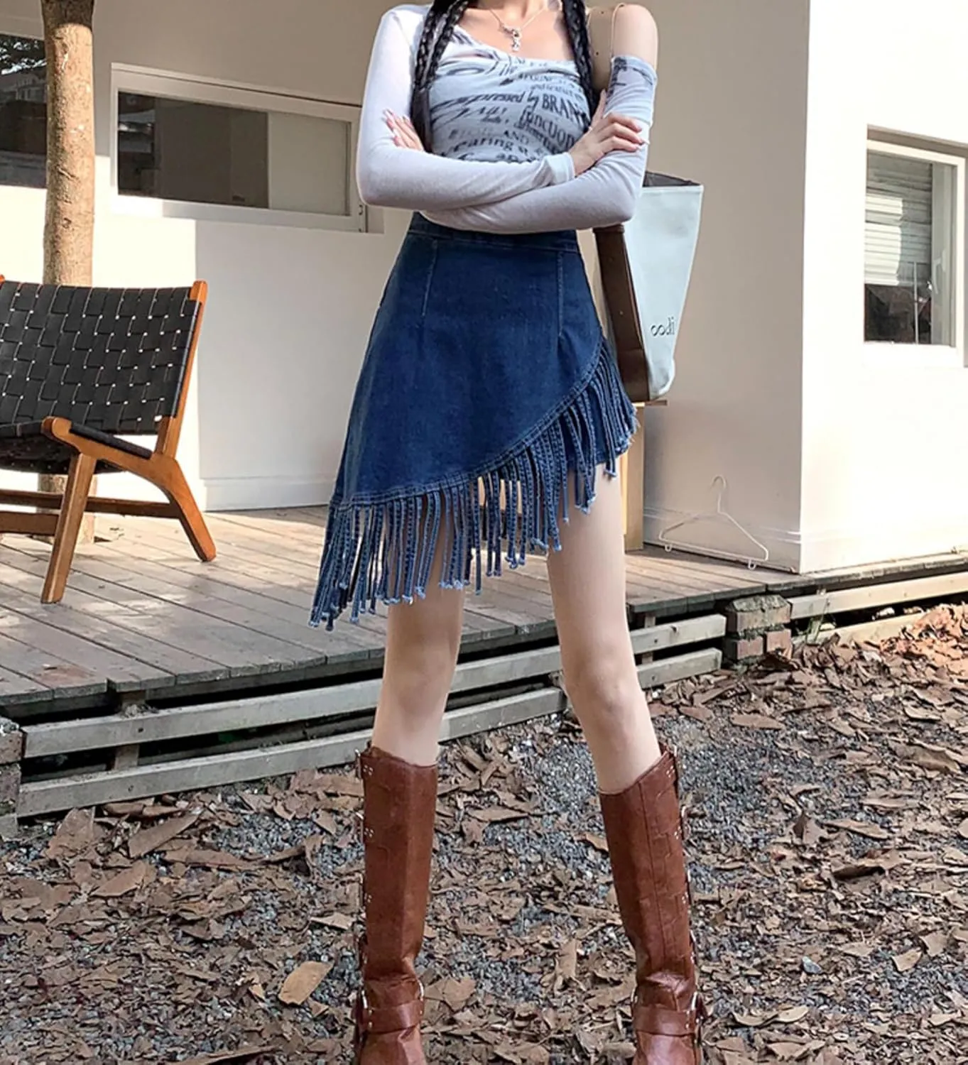 Denim Skirt Women High Waisted Trendy Tassel Casual Fringe Jean Mini Skirt with Skorts