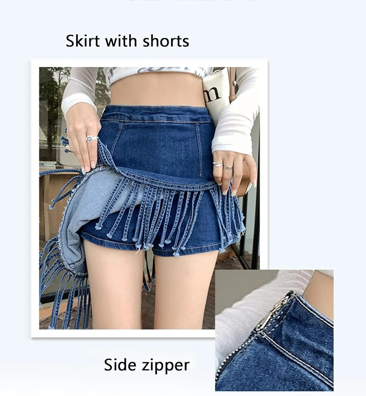 Denim Skirt Women High Waisted Trendy Tassel Casual Fringe Jean Mini Skirt with Skorts