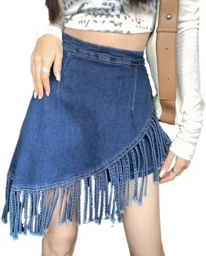 Denim Skirt Women High Waisted Trendy Tassel Casual Fringe Jean Mini Skirt with Skorts