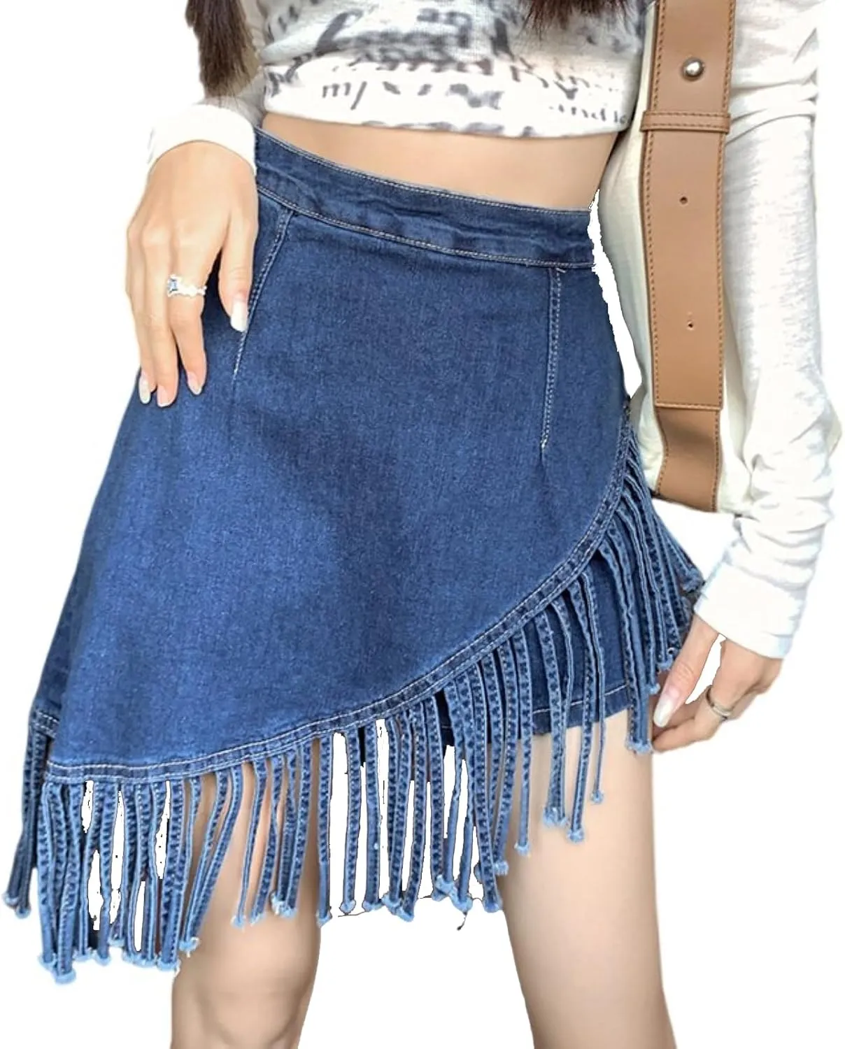 Denim Skirt Women High Waisted Trendy Tassel Casual Fringe Jean Mini Skirt with Skorts