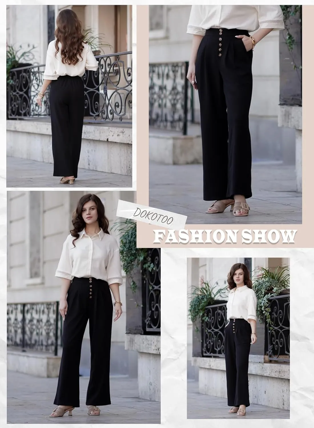 Dokotoo Wide Leg Pants Woman Elastic High Waisted Waffle Knit Dressy Casual Trousers Pants with Pockets