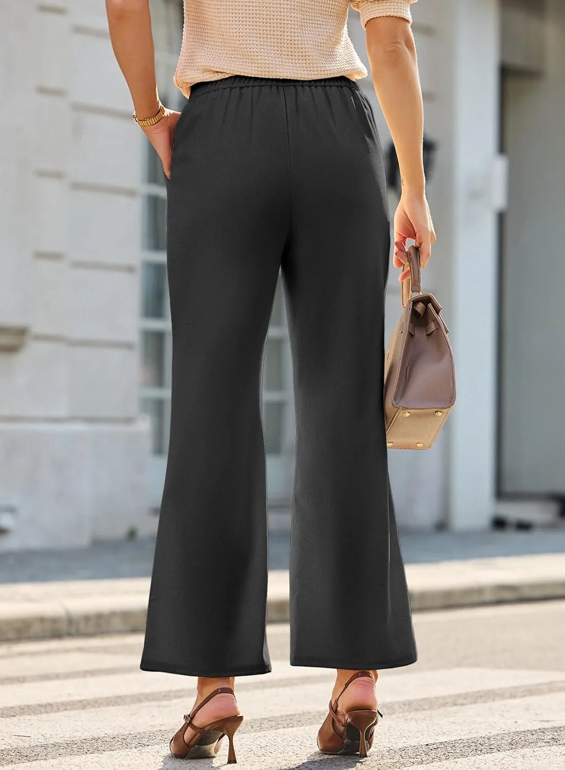 Dokotoo Wide Leg Pants Woman Elastic High Waisted Waffle Knit Dressy Casual Trousers Pants with Pockets