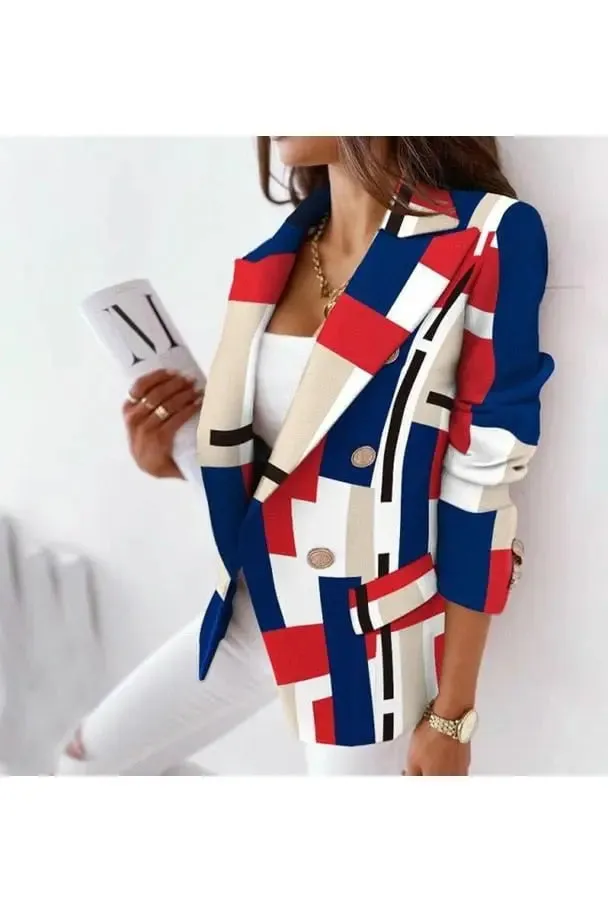 Elegant Women's Fashion Blazer | Spring/Autumn Office Lady Style | Plaid Pattern & Double Breasted Design