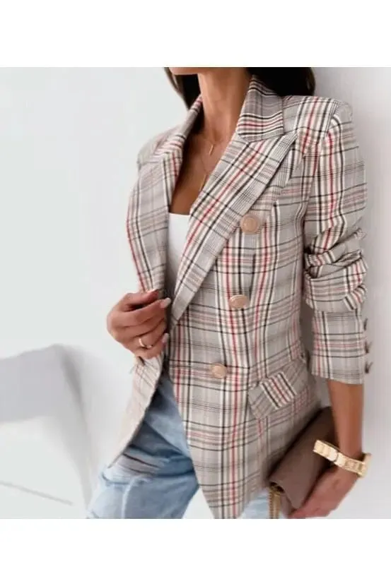 Elegant Women's Fashion Blazer | Spring/Autumn Office Lady Style | Plaid Pattern & Double Breasted Design