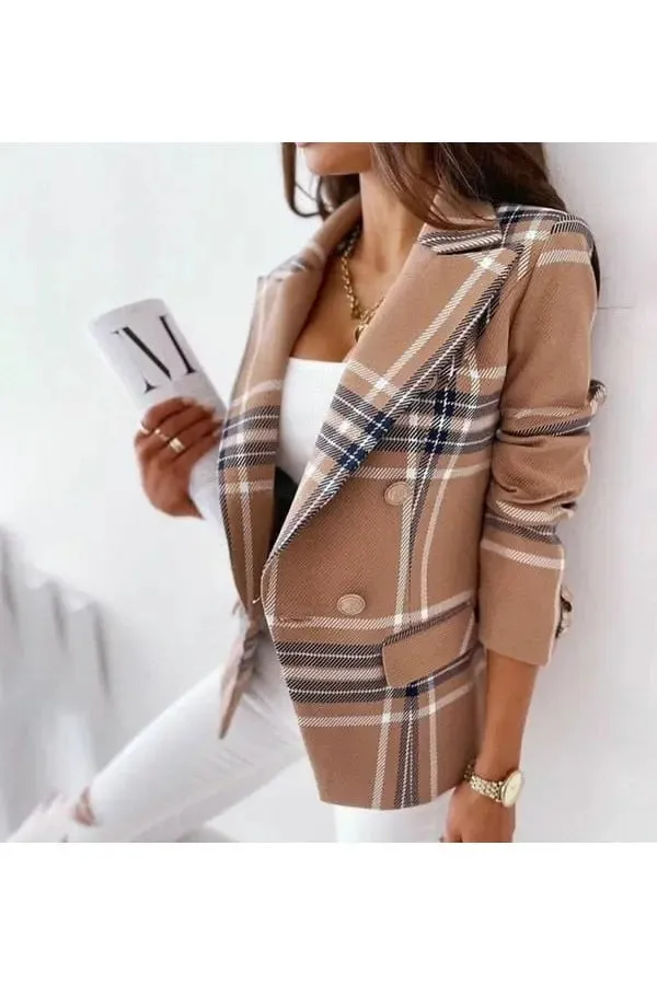 Elegant Women's Fashion Blazer | Spring/Autumn Office Lady Style | Plaid Pattern & Double Breasted Design