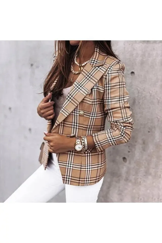 Elegant Women's Fashion Blazer | Spring/Autumn Office Lady Style | Plaid Pattern & Double Breasted Design