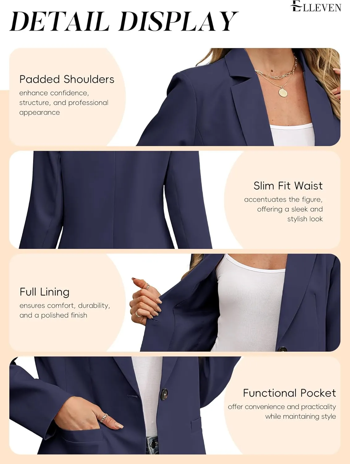 ELLEVEN Women's Blazer Business Casual Lightweight Suit - Long Sleeve Slim Fit Work Office Jacket with Pockets