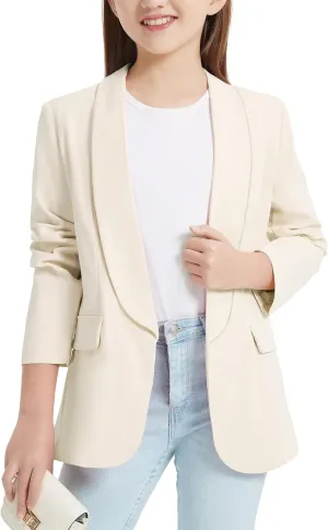 EXARUS Girls Blazer Long Sleeve Shawl Collar Formal Blazers Suit Jacket Open Front Inner Pocket for Kids Size 6-12 Year