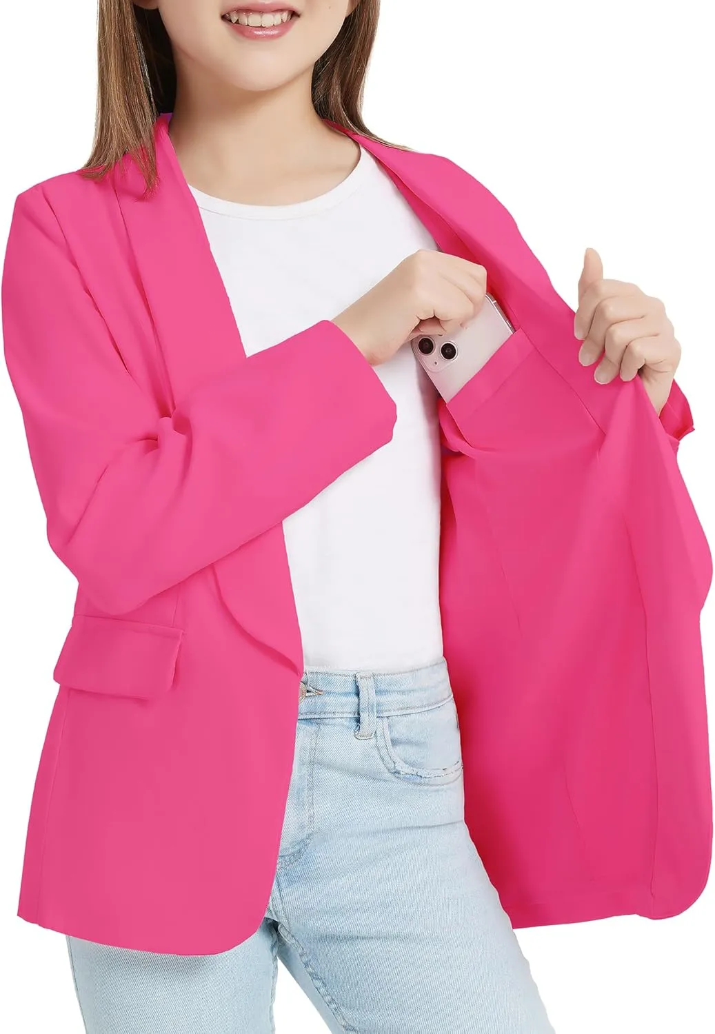 EXARUS Girls Blazer Long Sleeve Shawl Collar Formal Blazers Suit Jacket Open Front Inner Pocket for Kids Size 6-12 Year