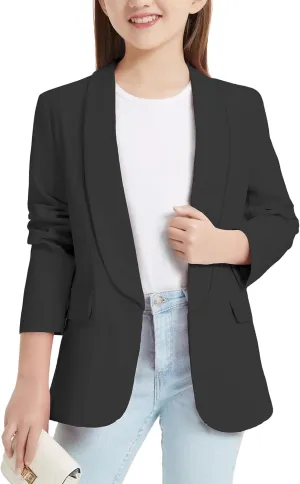 EXARUS Girls Blazer Long Sleeve Shawl Collar Formal Blazers Suit Jacket Open Front Inner Pocket for Kids Size 6-12 Year