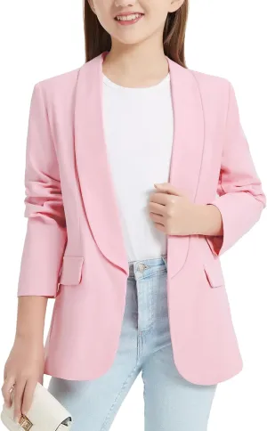 EXARUS Girls Blazer Long Sleeve Shawl Collar Formal Blazers Suit Jacket Open Front Inner Pocket for Kids Size 6-12 Year