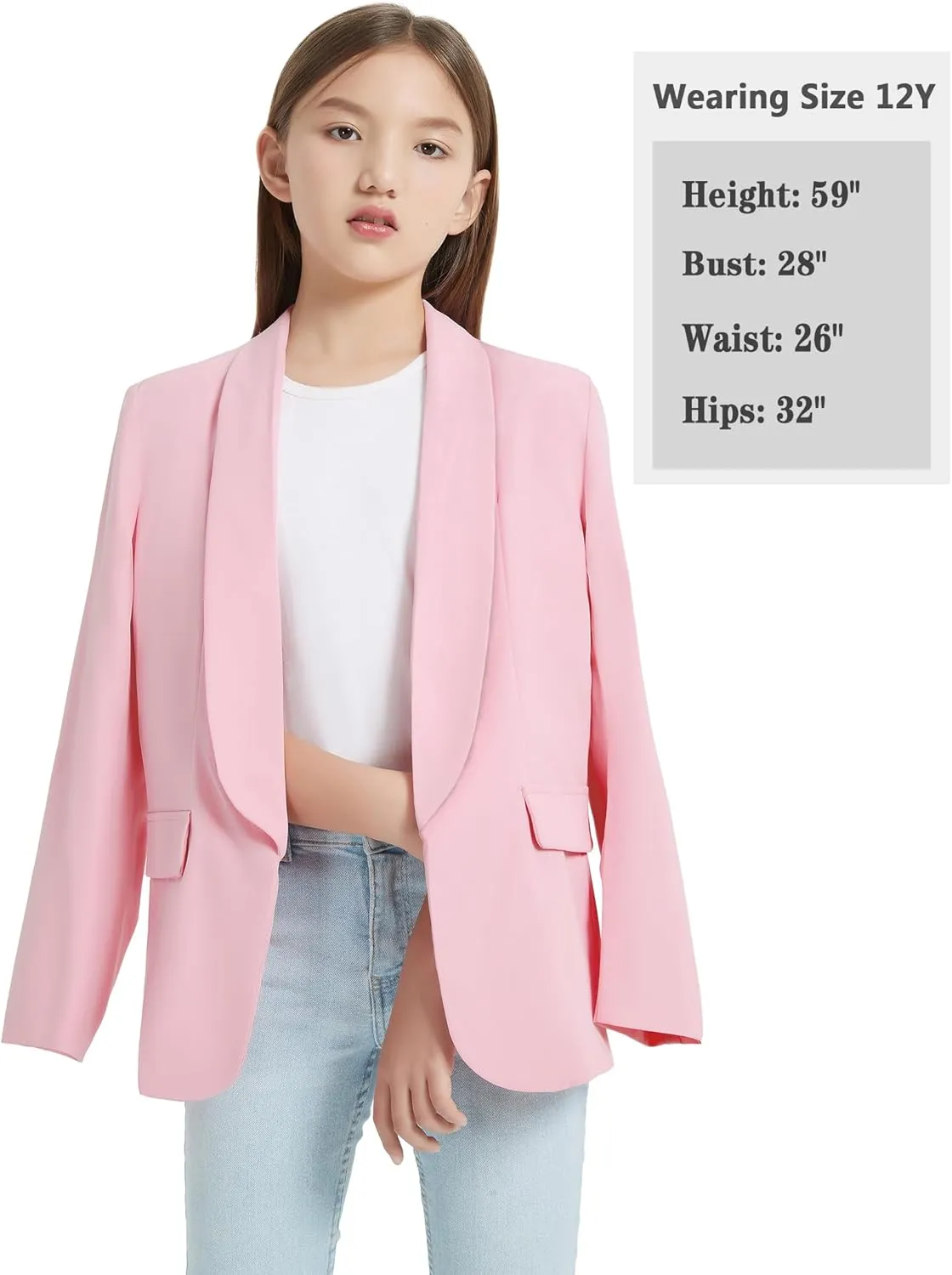 EXARUS Girls Blazer Long Sleeve Shawl Collar Formal Blazers Suit Jacket Open Front Inner Pocket for Kids Size 6-12 Year