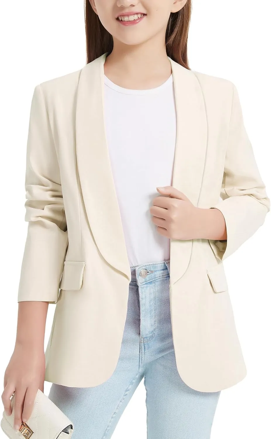 EXARUS Girls Blazer Long Sleeve Shawl Collar Formal Blazers Suit Jacket Open Front Inner Pocket for Kids Size 6-12 Year