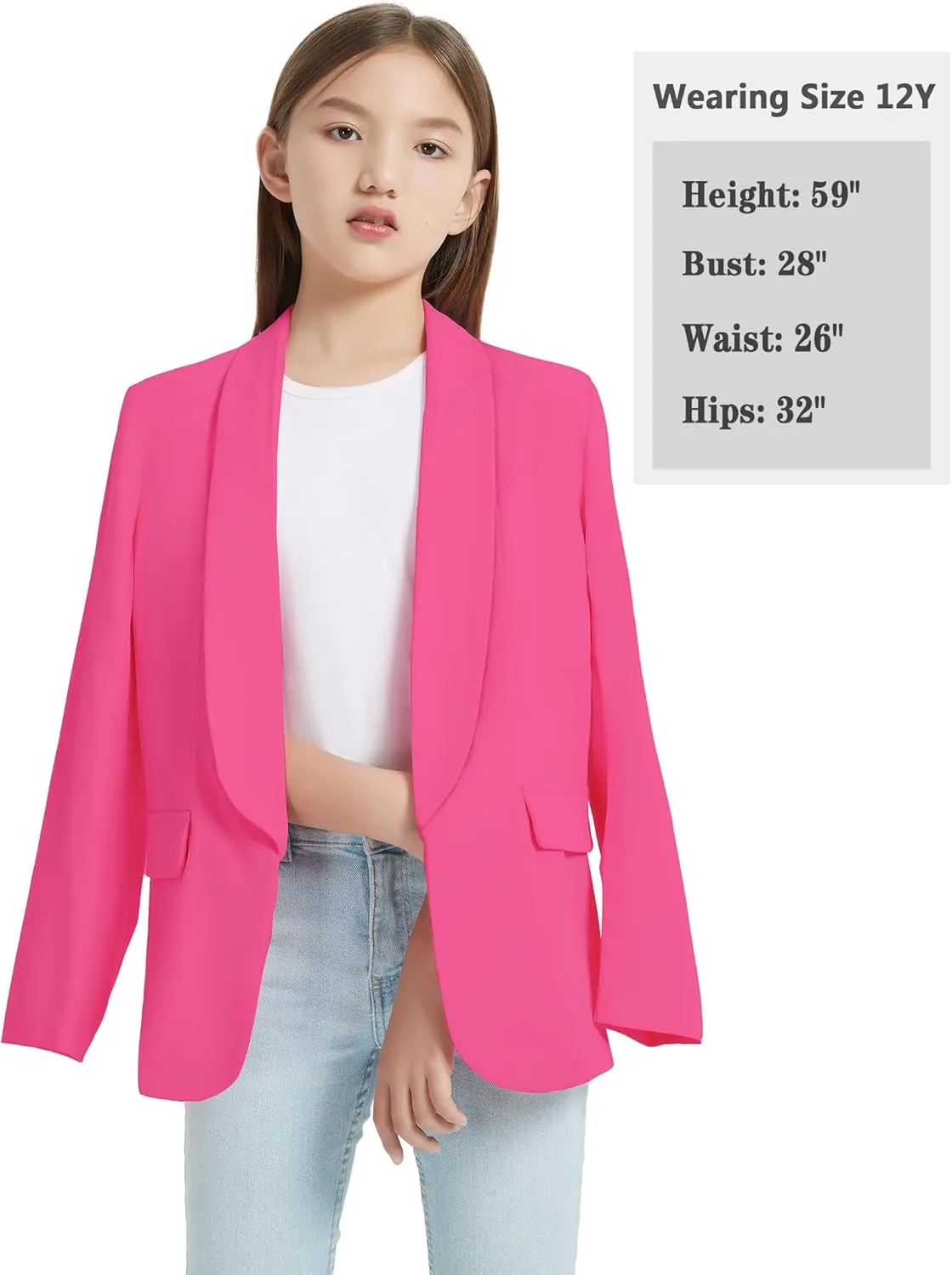 EXARUS Girls Blazer Long Sleeve Shawl Collar Formal Blazers Suit Jacket Open Front Inner Pocket for Kids Size 6-12 Year