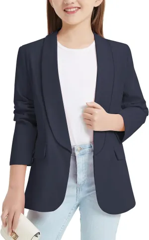 EXARUS Girls Blazer Long Sleeve Shawl Collar Formal Blazers Suit Jacket Open Front Inner Pocket for Kids Size 6-12 Year