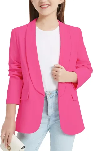 EXARUS Girls Blazer Long Sleeve Shawl Collar Formal Blazers Suit Jacket Open Front Inner Pocket for Kids Size 6-12 Year