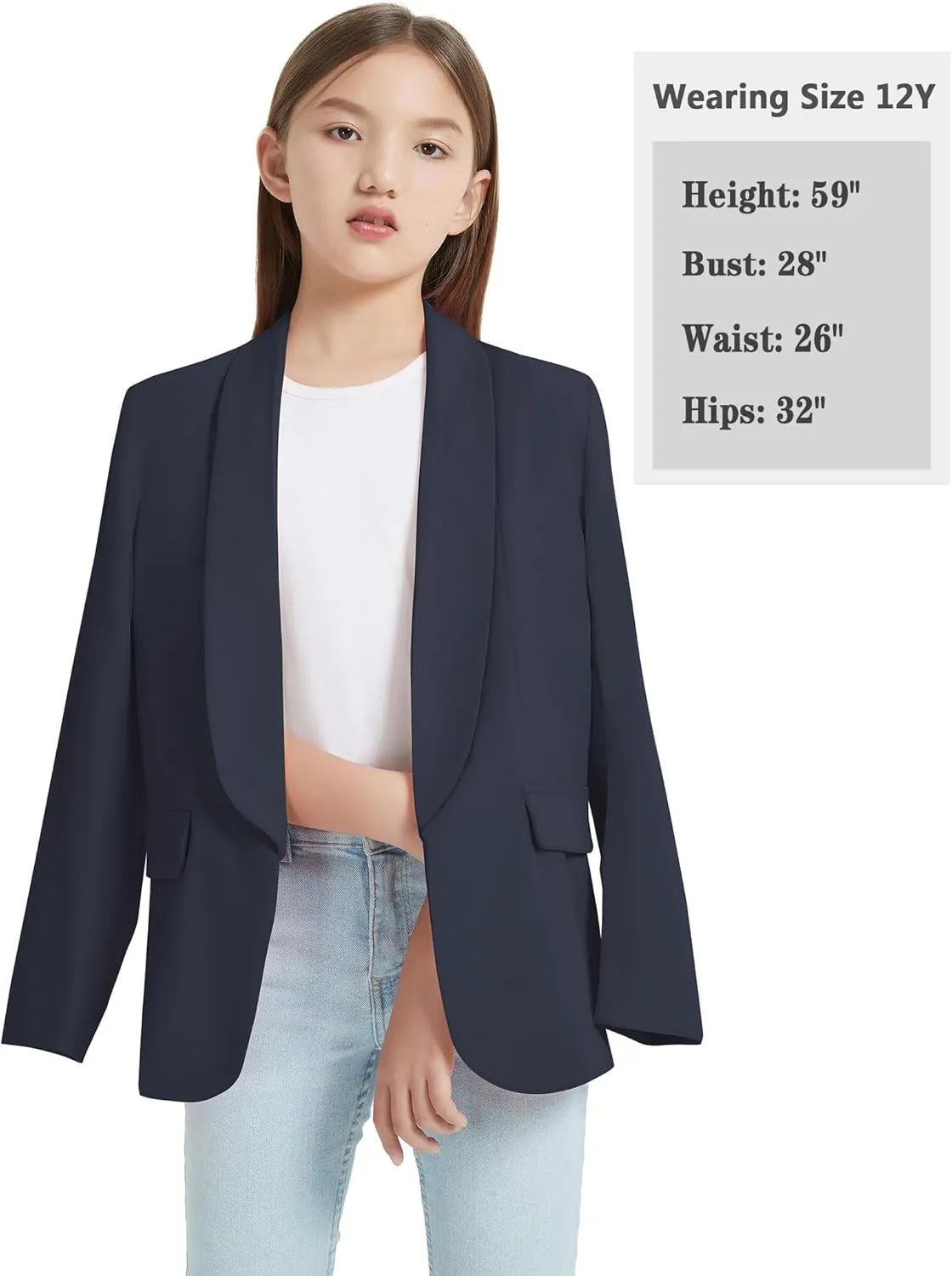 EXARUS Girls Blazer Long Sleeve Shawl Collar Formal Blazers Suit Jacket Open Front Inner Pocket for Kids Size 6-12 Year