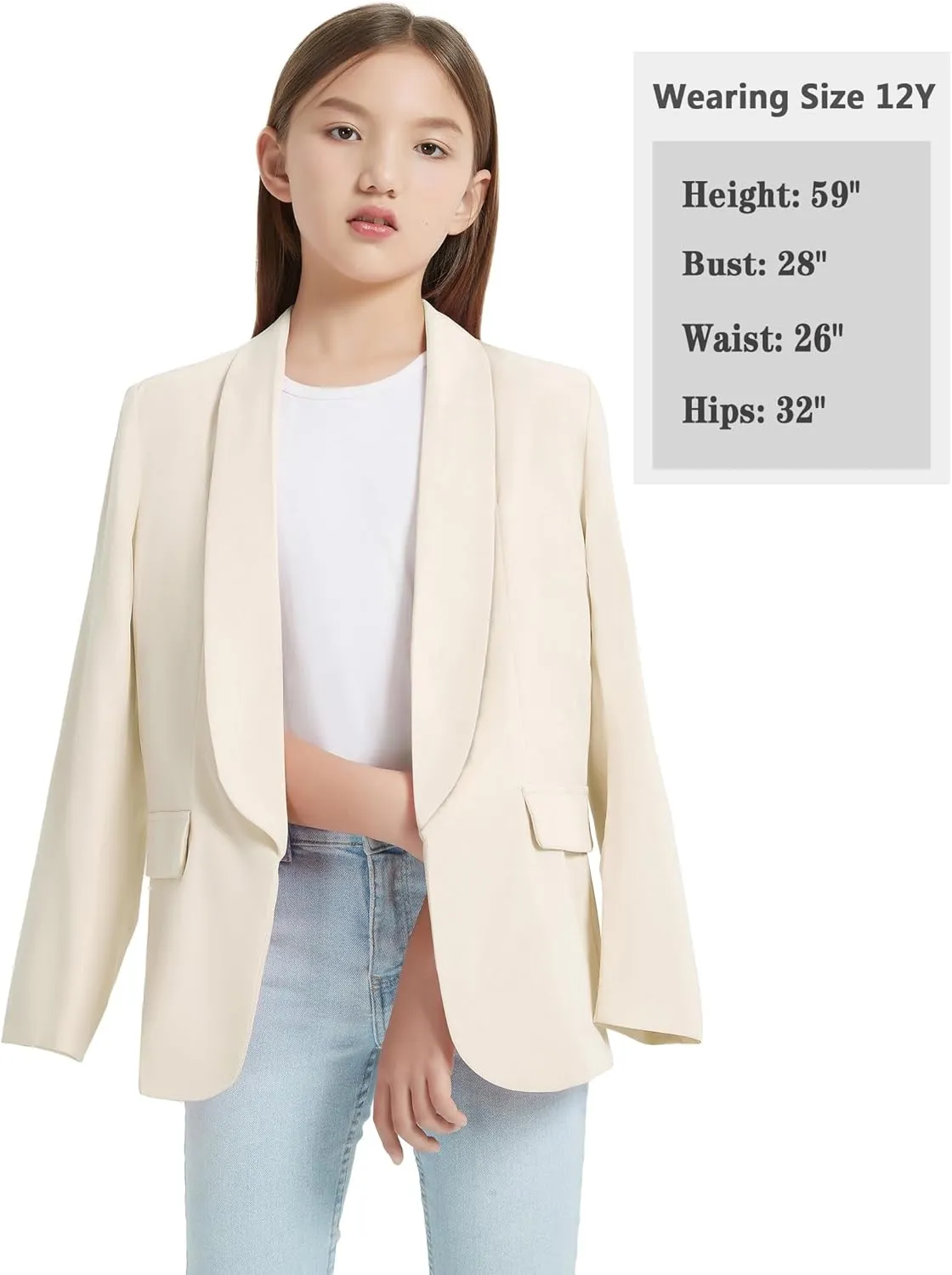 EXARUS Girls Blazer Long Sleeve Shawl Collar Formal Blazers Suit Jacket Open Front Inner Pocket for Kids Size 6-12 Year