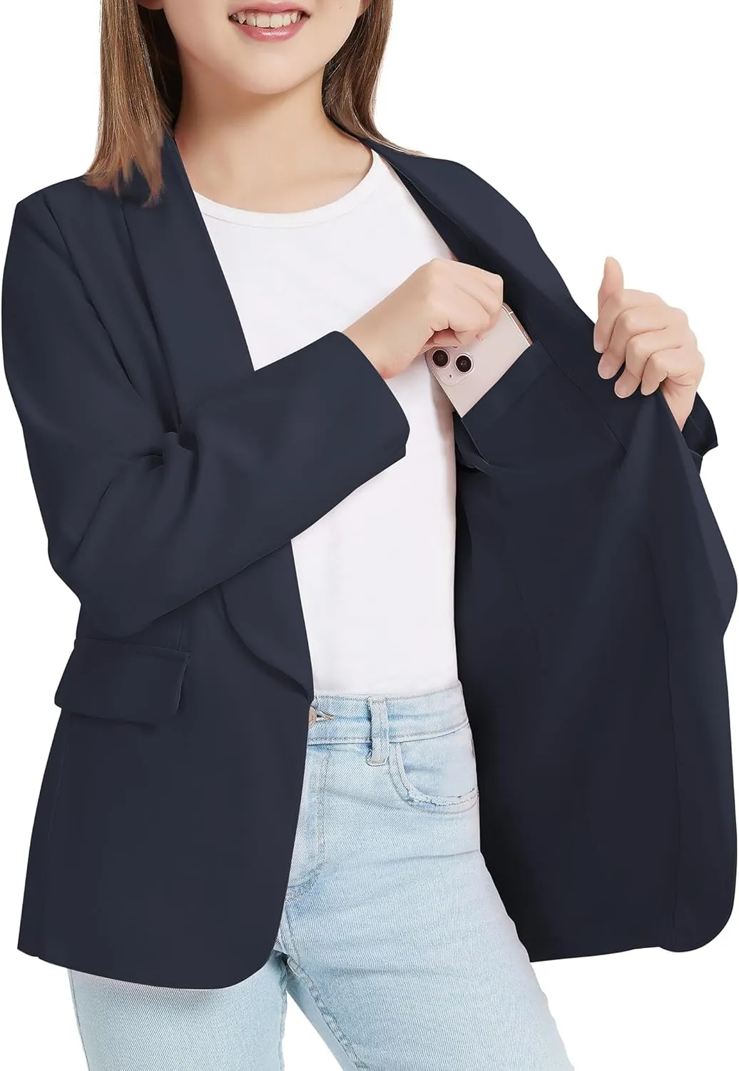 EXARUS Girls Blazer Long Sleeve Shawl Collar Formal Blazers Suit Jacket Open Front Inner Pocket for Kids Size 6-12 Year