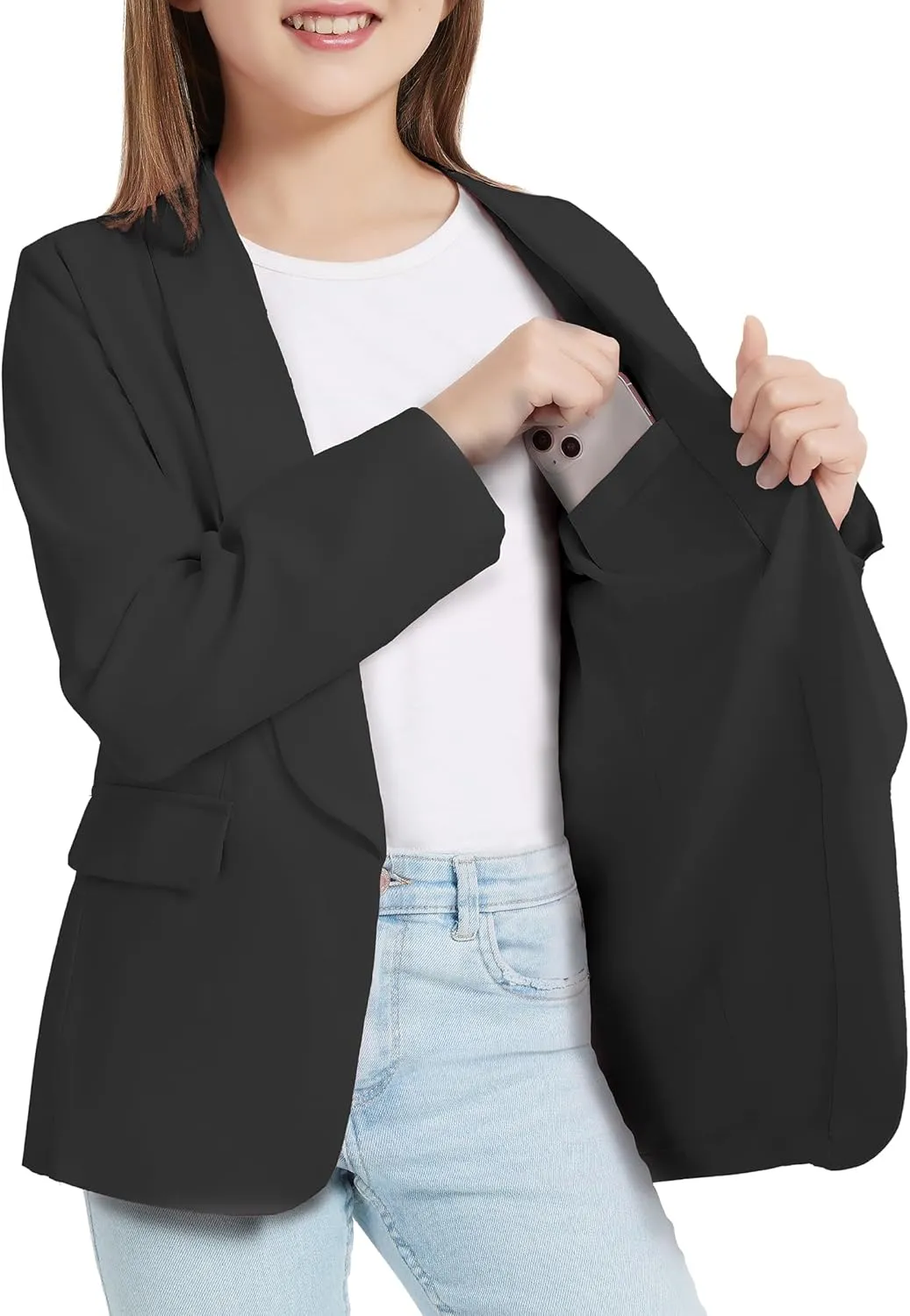 EXARUS Girls Blazer Long Sleeve Shawl Collar Formal Blazers Suit Jacket Open Front Inner Pocket for Kids Size 6-12 Year