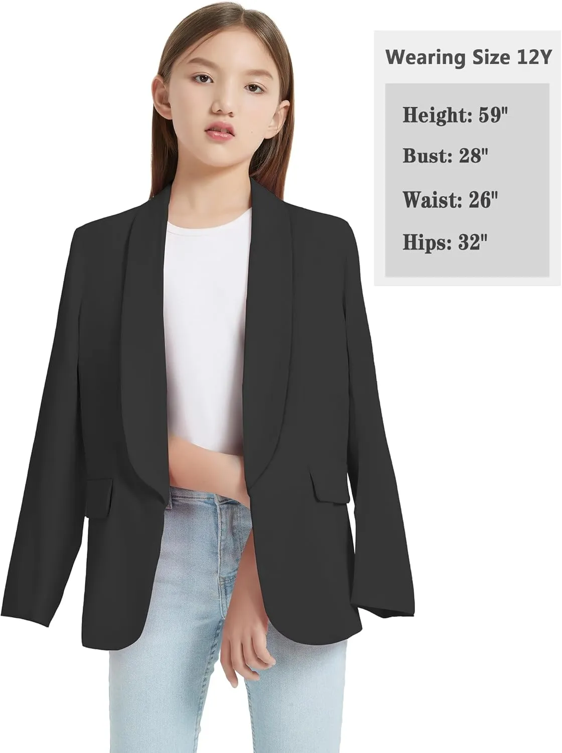 EXARUS Girls Blazer Long Sleeve Shawl Collar Formal Blazers Suit Jacket Open Front Inner Pocket for Kids Size 6-12 Year