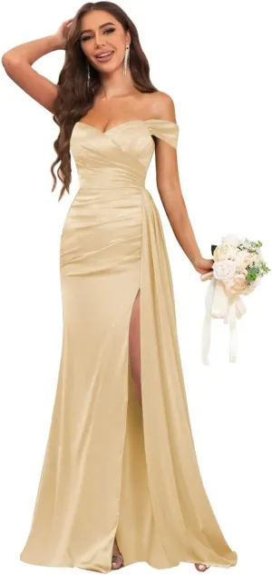Fancy Bridesmaid Dresses for Wedding Off The Shoulder Mermaid Satin Prom Dress Formal Gown with Draping