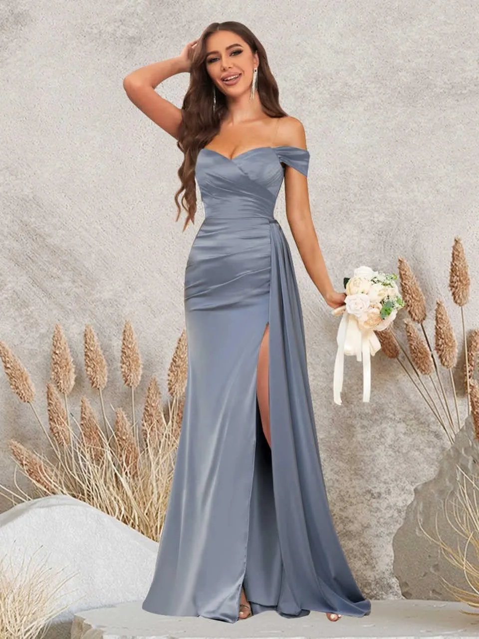 Fancy Bridesmaid Dresses for Wedding Off The Shoulder Mermaid Satin Prom Dress Formal Gown with Draping