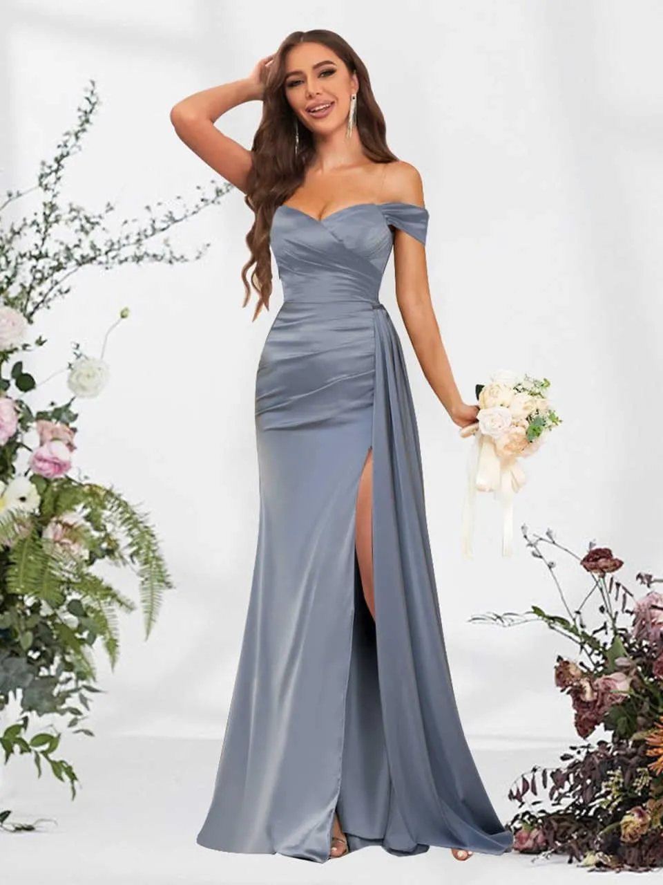 Fancy Bridesmaid Dresses for Wedding Off The Shoulder Mermaid Satin Prom Dress Formal Gown with Draping