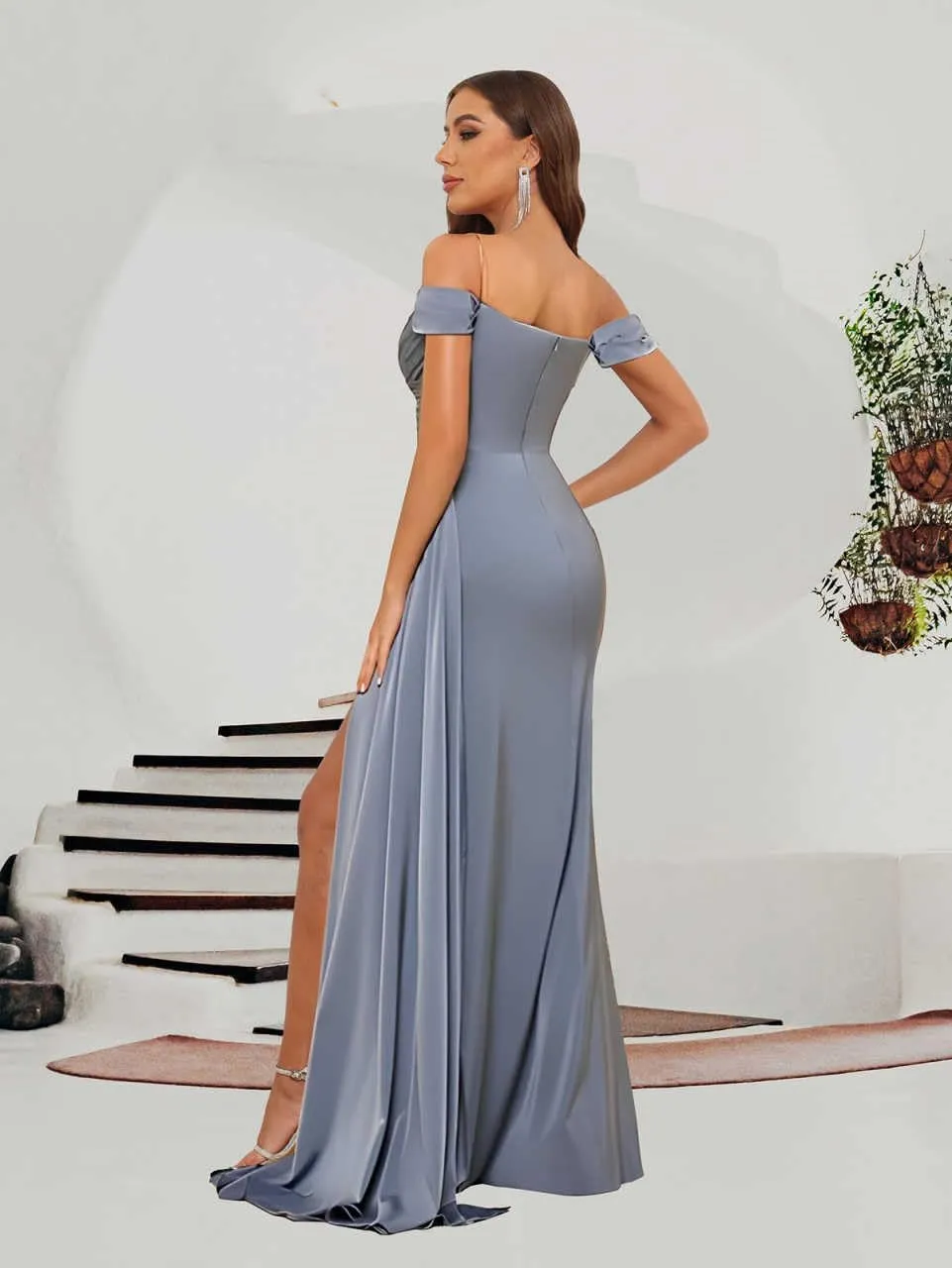 Fancy Bridesmaid Dresses for Wedding Off The Shoulder Mermaid Satin Prom Dress Formal Gown with Draping